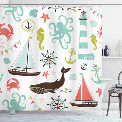 Vista 6 de Ambesonne Cortina de ducha con diseño de ciervo, silueta de animales del bosque brumoso en la naturaleza, diseño de dibujos animados, decoración