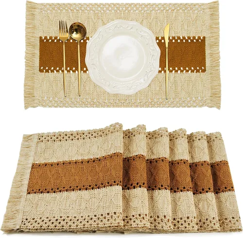 Vista 12 de FEXIA Juego de 6 manteles individuales bohemios, decoración de mesa de macramé y manteles individuales estilo casa de campo de arpillera de algodón