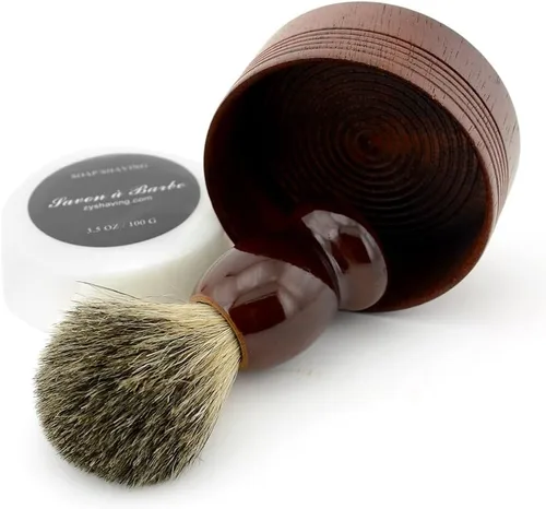Vista 7 de Grandslam Cepillo de afeitar de pelo de tejón puro, taza de madera natural, juego de peluquero de jabón hecho a mano