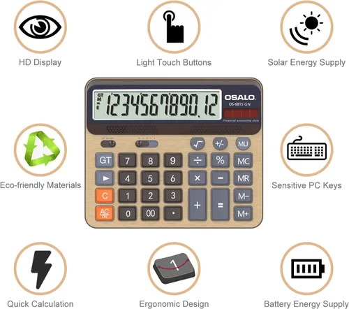 Vista 6 de Calculadora de escritorio y bolsa impermeable con cremallera de malla, batería de 12 dígitos, pantalla LCD con energía solar, calculadora de botón