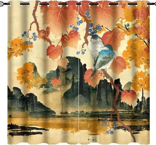 Vista 20 de Cortinas opacas para oscurecer la habitación con ojales, diseño de flores japonesas con ojales, arte retro de primavera y ramas florales, arte