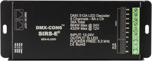 Vista 2 de SIRS-E DMX-CON6 LED DMX decodificador 6 canales RGB controlador 6A/CH, 12-24V DC, 432-864W