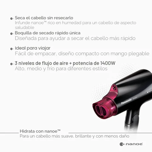 Vista 2 de Secador de Cabello Compacto Panasonic nanoe para Cabello de Aspecto Saludable, 1400W Portátil, Mango Plegable y Boquilla QuickDry para Secado Rápido