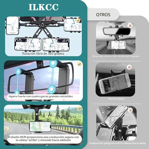 Vista 7 de ILKCC Soporte de teléfono para espejo retrovisor para automóvil, giratorio de 360° y retráctil multifuncional soporte de teléfono de visión trasera