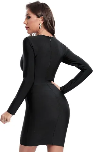 Vista 4 de BEAUKEY Vestido de vendaje de manga larga con cuello en V, vestido ajustado negro