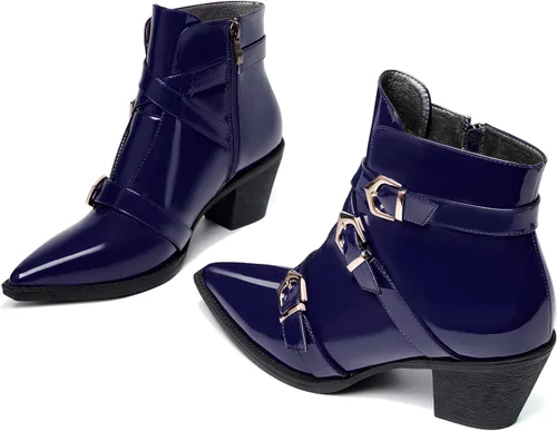 Vista 6 de SKYSTERRY Botas altas de tacón bajo grueso con cremallera y puntera puntiaguda para mujer, 2.5 pulgadas