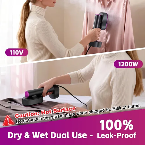 Vista 4 de Vaporizador de mano para ropa, vaporizador y plancha 2 en 1, calor rápido de 1200 W, tanque de agua desmontable de 6.4 fl oz, vaporizador portátil