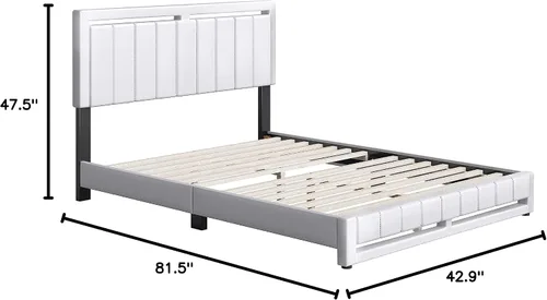 Vista 2 de Beaumont - Cama de plataforma tapizada con cabecero, base de colchón con 14 soportes de listones de madera, no requiere somier, piel sintética