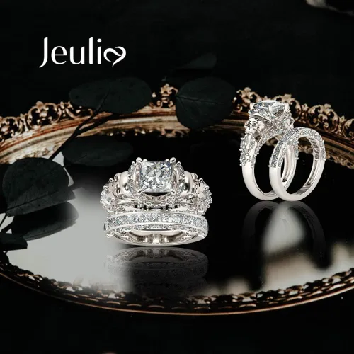 Vista 3 de Jeulia Juego de anillos de compromiso de calavera de plata de ley, anillos de compromiso de eternidad, diamantes de corte princesa con circonita