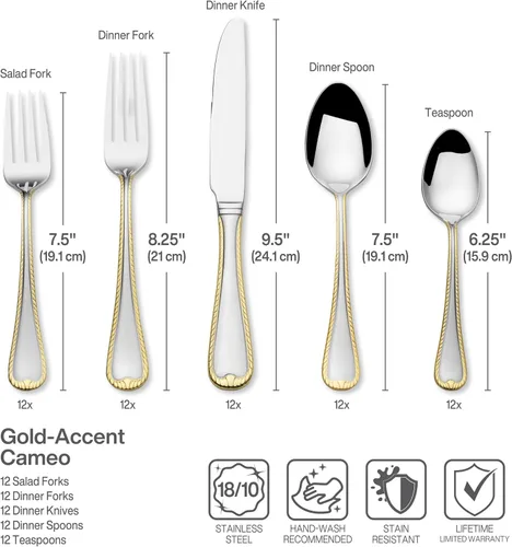 Vista 4 de Mikasa Cameo Gold - Juego de cubiertos de 65 piezas, servicio para 12