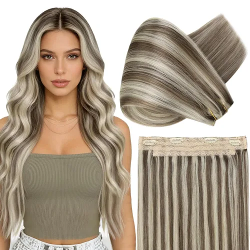 Vista 28 de Fshine - Extensiones de cabello con hilo invisible de 12 pulgadas, color rubio ceniza con reflejos de rubio decolorado, pieza de cabello humano real