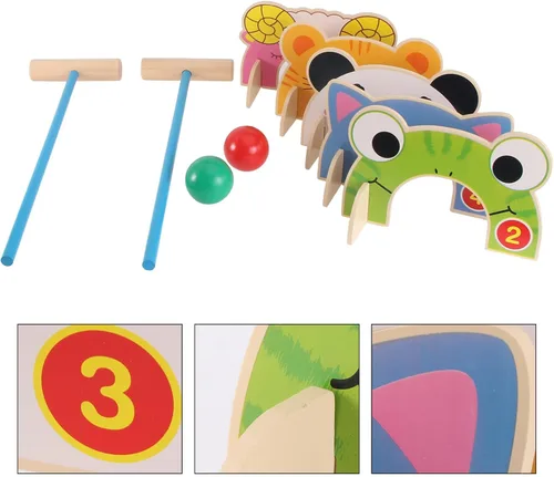 Vista 4 de TOYANDONA Juego de croquet para niños, juego de croquet de animales de madera de dibujos animados con mazos de madera de croquet, juego familiar