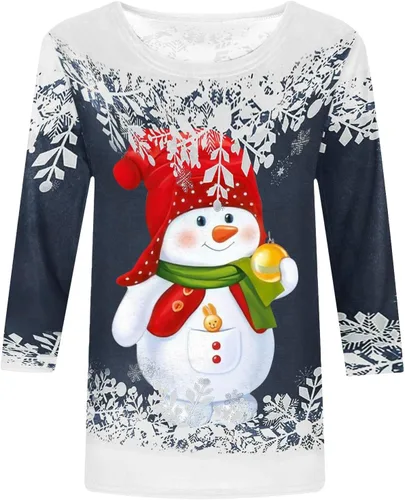 Vista 4 de Ceboyel Camisetas gráficas de Navidad para mujer, camisas de manga 34, blusas elegantes y modernas, camisetas divertidas para las fiestas
