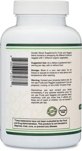 Vista 4 de Double Wood Suplemento de frutas y verduras (mezcla diaria de 49 frutas y verduras diferentes, 23 verduras y 29 frutas) porciones de 1,500 mg, 180