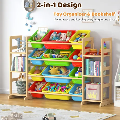 Vista 4 de Organizador grande de almacenamiento de juguetes para niños, organizador de juguetes y estantería combinada con 12 contenedores y 6 estantes, caja
