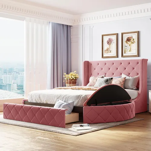 Vista 12 de Elegante cama de plataforma tapizada de terciopelo con 1 cajón grande y 2 taburetes de almacenamiento laterales, base de colchón de plataforma