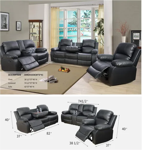Vista 2 de Ainehome - Juego de 3 sofás reclinables de cuero regenerado, sofá biplaza reclinable, silla reclinable manual con mesa desplegable para sala