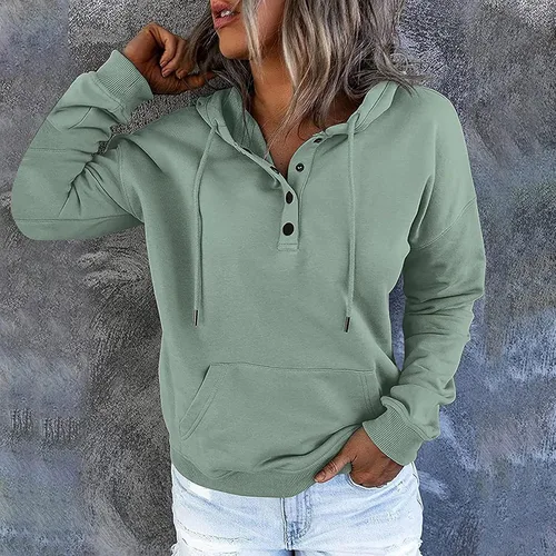 Vista 108 de Sudaderas con capucha para mujer, con cuello de botón, sin botones, con cordón, manga larga, lindas, ropa para adolescentes y niñas
