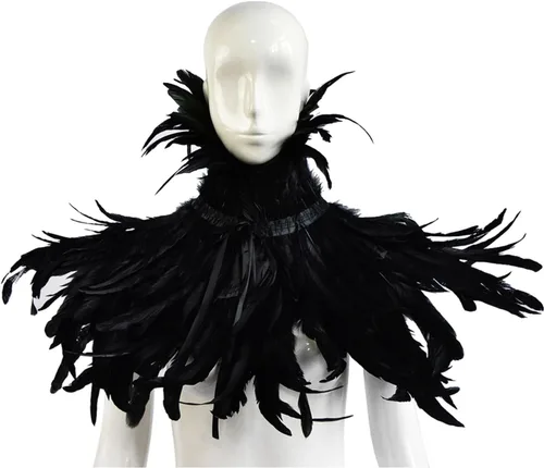 Vista 6 de Homelex, chal de pluma natural negro gótico con cuello de gargantilla