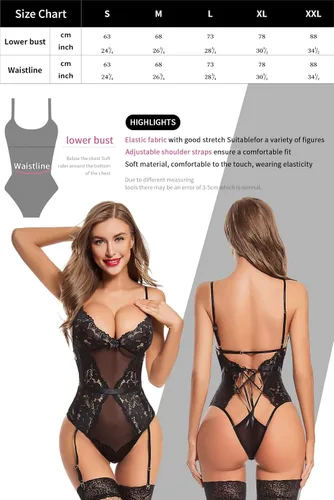 Vista 5 de ADSEXY Conjunto de lencería de liga para mujer, body de peluche exótico, sexy, de una pieza, babydoll de encaje, corsé (sin medias)