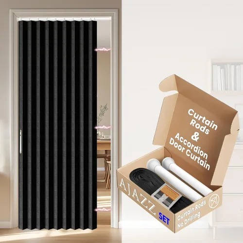 Vista 23 de AJAZZ Conjunto: Barras para cortinas sin perforación (28-39" de ancho) y cortina acordeón para puerta, beige 43" de ancho × 78" de largo, puertas