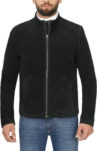 Vista 3 de Blingsoul Brown Suede Jacket Men - Chaqueta de piel de cordero real negra para hombres