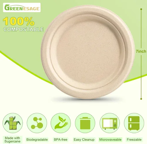 Vista 6 de Platos de papel pequeños, 7 pulgadas, paquete de 50 desechables, compostables, ecológicos, resistentes para comidas diarias, naturales