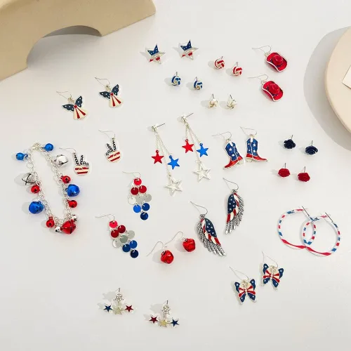 Vista 8 de Aretes patrióticos de bandera estadounidense, aretes colgantes para el día de la independencia, regalo de joyería para mujeres y niñas