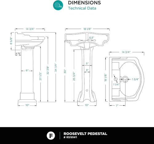 Vista 7 de Fine Fixtures Roosevelt Lavabo de Pedestal para Baño – Lavabo de Pedestal Pequeño de 18 Pulgadas, Cerámica Vítrea China Duradera con Orificio Único