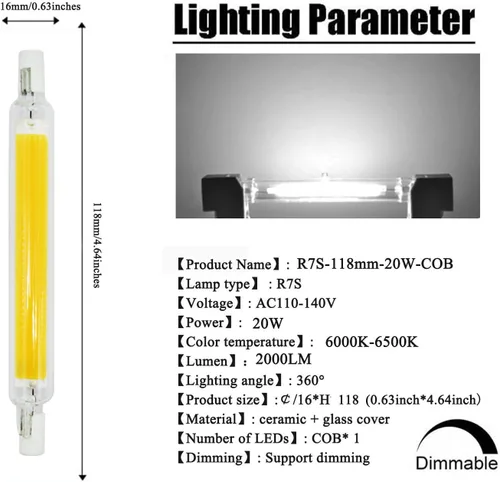 Vista 2 de Bombilla LED R7S de 20 W (paquete de 2) 100 W, equivalente a halógeno, 6000 K, luz blanca diurna tipo J T3, luz de inundación de doble extremo