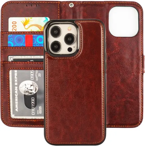 Vista 23 de Funda tipo cartera desmontable Bocasal para iPhone 15 Pro Max con bloqueo RFID, ranuras para tarjetas, soporte magnético, cuero PU premium, atril