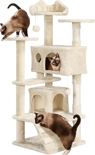 Vista 27 de Yaheetech - Torre de árbol para gatos de 62 pulgadas, torre para gatitos de interior, muebles para mascotas con doble refugio, postes para rascar