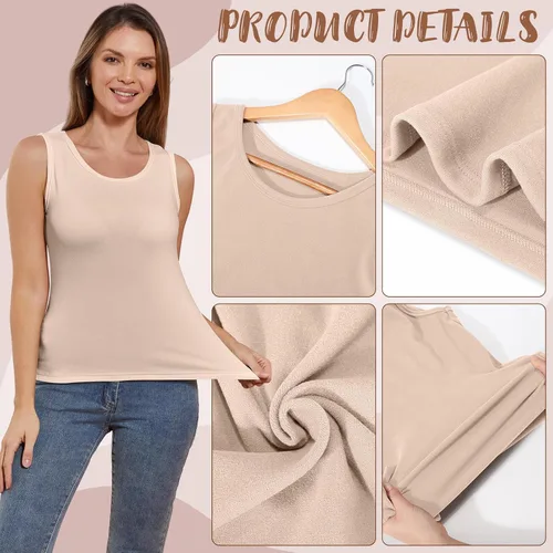Vista 2 de 3 piezas de camisetas térmicas sin mangas para mujer, ropa interior de forro polar, suave, sin mangas, chaleco de capa base cálida
