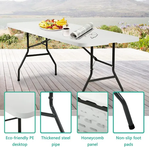 Vista 4 de PayLessHere Mesa plegable de plástico para fiestas, bodas, camping, oficina con asa de transporte (blanco, 6 pies)