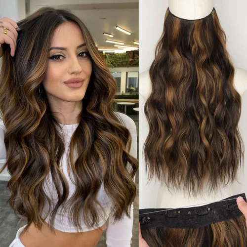 Vista 74 de Extensiones de cabello con hilo invisible, diadema transparente, ajustables, 4 clips fijadores, cabello largo y ondulado de 12 pulgadas, balayage