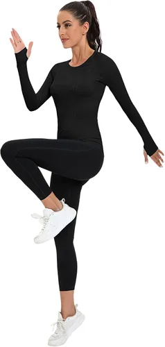 Vista 6 de 2 piezas de camisa de entrenamiento de manga corta para mujer, sin costuras, camisetas de entrenamiento, parte superior ajustada, deportiva, yoga