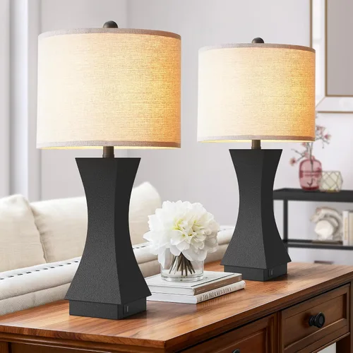Vista 11 de Juego de 2 lámparas de mesa modernas de 62,2 cm, lámparas de mesita de noche regulables de 3 vías con carga USB C y A, lámparas de noche