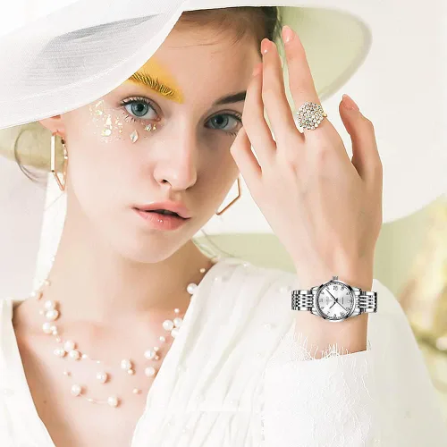 Vista 4 de OLEVS Relojes automáticos para mujer, de acero inoxidable, con diamantes mecánicos, luminosos, impermeables, para mujer