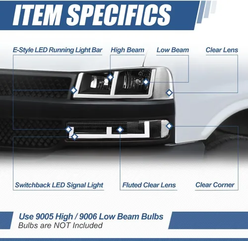 Vista 2 de Faros y luces de parachoques Auto Dynasty compatibles con 03-24 Chevy Express GMC Savana 1500-4500, con luces DRL E-LED de Switchback, lado