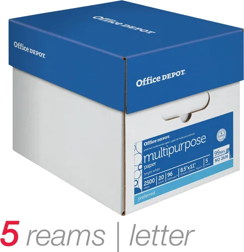 Vista 5 de Office Depot® Impresora multiusos y papel de copia, 5 resmas, blanco, letra (8.5 x 11 pulgadas), 2500 hojas por caja, 20 libras, 96 brillantes