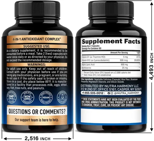 Vista 2 de Ácido Alfa Lipóico 600mg - Suplemento de ALA Antioxidante para el Apoyo a los Nervios, Energía y Metabolismo - Fuerza Extra con Benfotiamina, B1