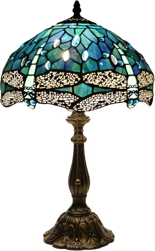 Vista 7 de Tiffany Lamp Stained Glass Table Lamp Bedside Reading Light W12H19 Inches (Sea Blue Dragonfly Style)