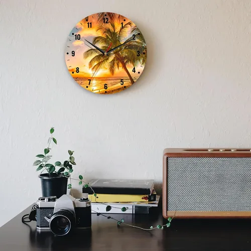Vista 7 de SPUNKER Relojes de pared, reloj de pared de 10 pulgadas, diseño de palmeras y atardecer, funciona con pilas, pequeños relojes de pared decorativos