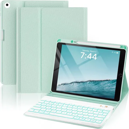 Vista 13 de OYEEICE Funda de teclado para iPad 6ª/5ª generación de 9.7 pulgadas, teclado inalámbrico desmontable retroiluminado de 7 colores, cubierta magnética