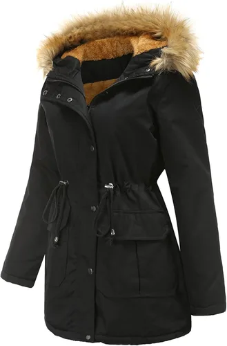 Vista 2 de DOSLAVIDA Abrigo grueso con capucha para mujer, chaqueta de invierno con forro polar, chaqueta larga de algodón con capucha de piel sintética