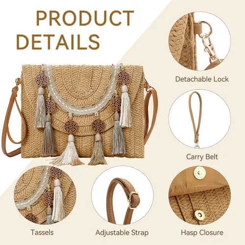 Vista 2 de YYW Bolso de paja con paja, bolso de hombro de paja para mujer, para verano, playa, crucero, sobre, embrague, bolsa de rafia