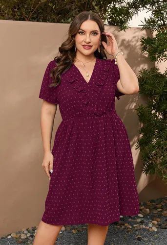 Vista 4 de ShopWonder Vestido de lunares suizos para mujer, talla grande, con botones, cuello en V, manga corta, lindo vestido bohemio fruncido con bolsillos
