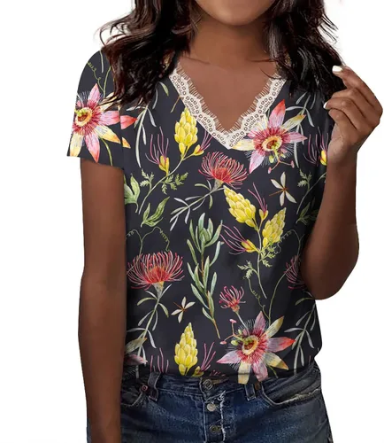 Vista 2 de Spring Beautiful Short Sleeve Blouse Lady Office Extra Long Thin Deep V Neck Fit Geometric Lightweight Shirts