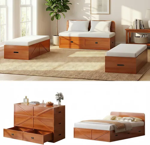 Vista 4 de ijuicy Cama Matrimonial Murphy 4 en 1 con colchón incluido y cajones extragrandes, cama multifuncional que se convierte en sofá para espacios