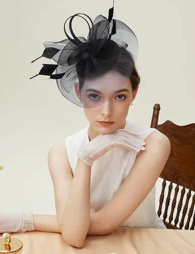 Vista 7 de Sombrero de tocadores para mujer, diadema de fiesta de té, boda, cóctel, flores de malla, clip para el cabello
